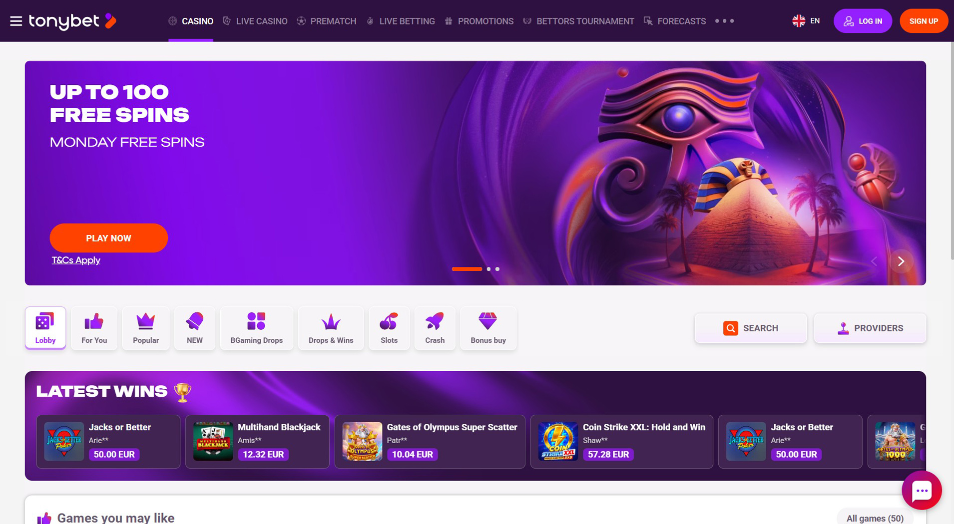 4. TonyBet kazino- uzticama tiešsaistes kazino iespēja